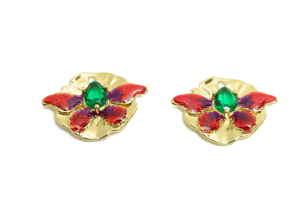 Teardrop Butterfly Charm - Brass Colorful Enamel Fish Charm - Red Enamel Butterfly Pendant - 18K Real Gold Plating - 23x17.52x3mm - RGP10448 - DOMEDBAZAAR