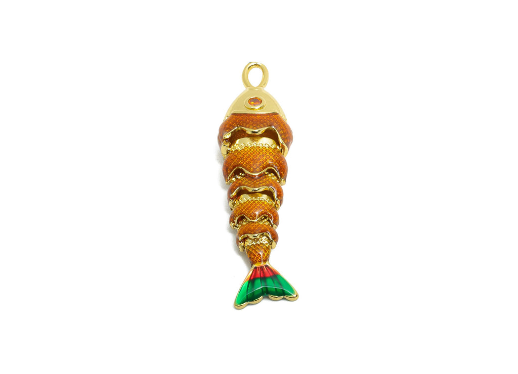 Brass Cloisonne Enamel Fish Charm - Refined Movable Fish Charm - CZ Handmade Articulated Fish - 18K Real Gold Plated - 40x10.7x7mm -RGP10443 - DOMEDBAZAAR