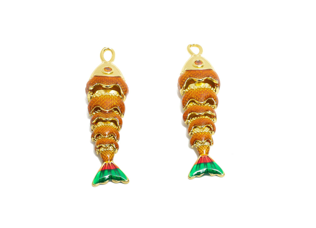 Brass Cloisonne Enamel Fish Charm - Refined Movable Fish Charm - CZ Handmade Articulated Fish - 18K Real Gold Plated - 40x10.7x7mm -RGP10443 - DOMEDBAZAAR