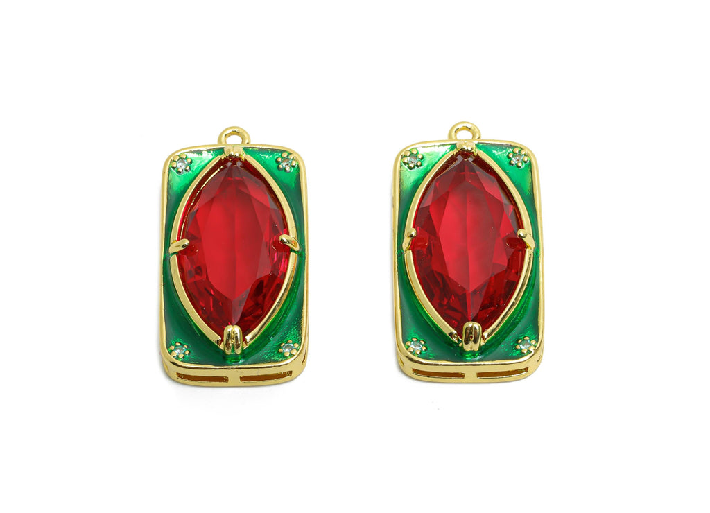 Brass Rectangle Charm - Marquise Glass Enamel Pendant - Statement CZ Geometric Jewelry - 18K Real Gold Plated - 27.15x14x6.52mm - RGP10444 - DOMEDBAZAAR