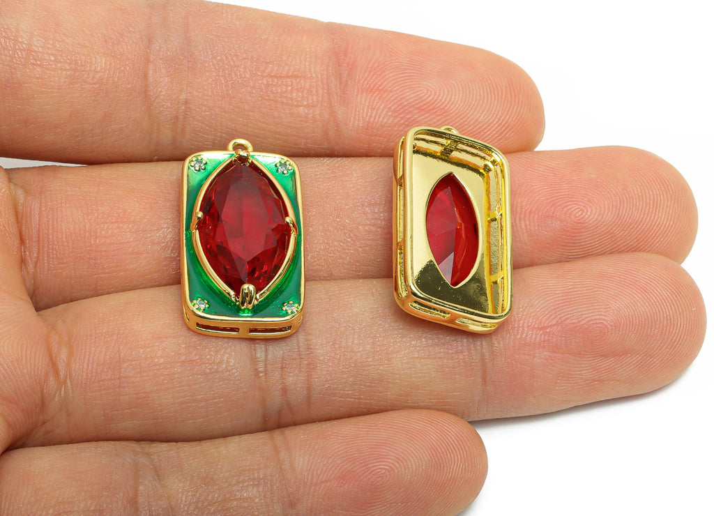 Brass Rectangle Charm - Marquise Glass Enamel Pendant - Statement CZ Geometric Jewelry - 18K Real Gold Plated - 27.15x14x6.52mm - RGP10444 - DOMEDBAZAAR