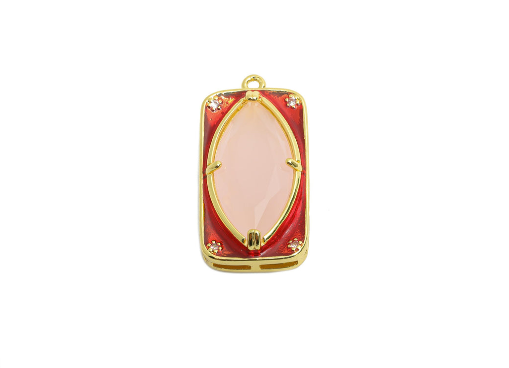 Brass Rectangle Charm - Marquise Glass Enamel Pendant - Statement CZ Geometric Jewelry - 18K Real Gold Plated - 27.15x14x6.52mm - RGP10445 - DOMEDBAZAAR