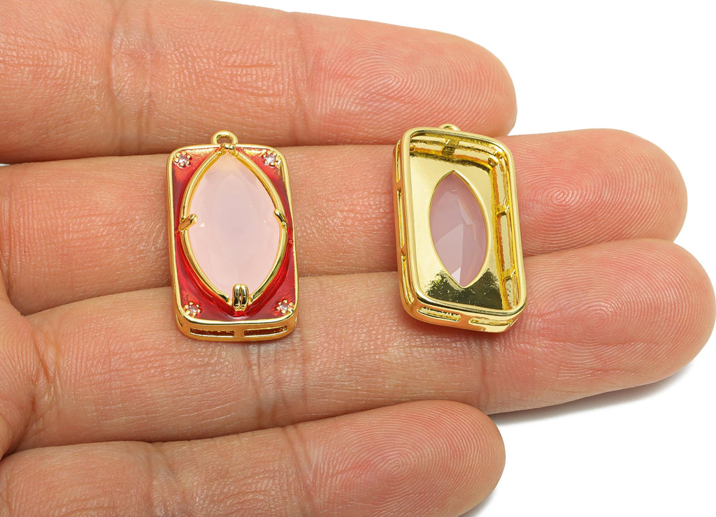 Brass Rectangle Charm - Marquise Glass Enamel Pendant - Statement CZ Geometric Jewelry - 18K Real Gold Plated - 27.15x14x6.52mm - RGP10445 - DOMEDBAZAAR