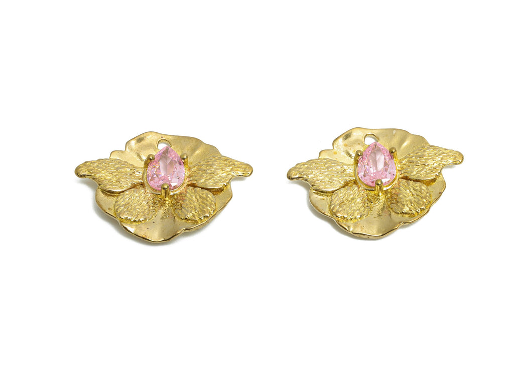 Raw Brass Butterfly Charms- Brass Textured Insect Charm - Elegant Pink Drop Crystal Charms - Refined Jewelry Making - 23x17x3.7mm - PP11098 - DOMEDBAZAAR