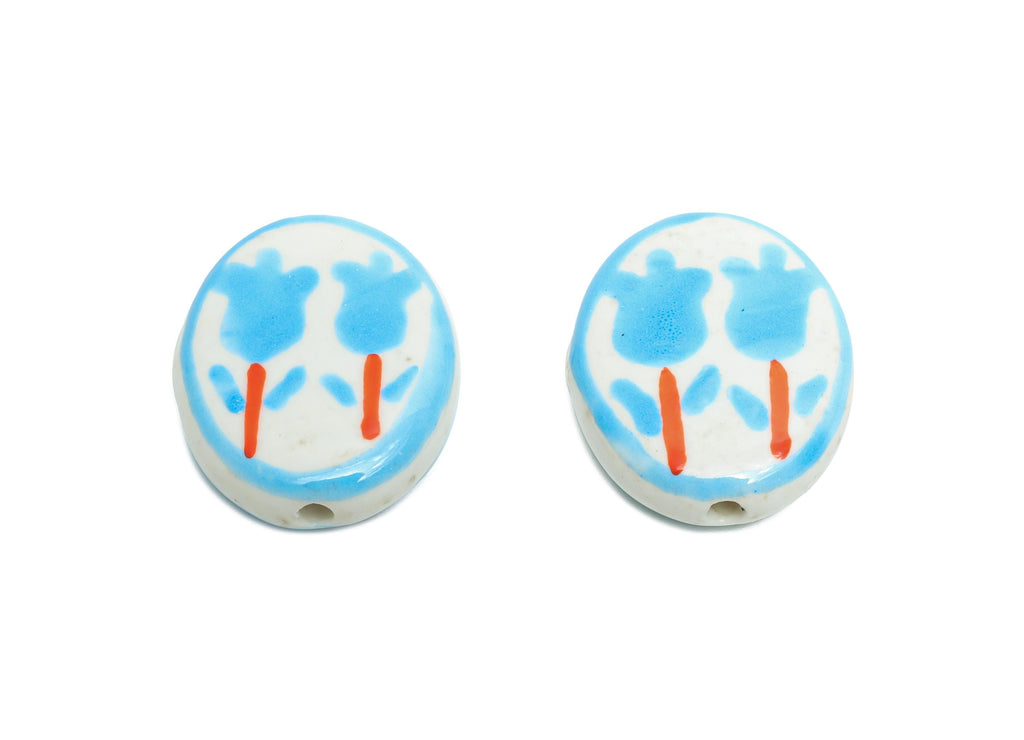 Glazed Ceramic Oval Tulip Bead - Blue Flower Nature Ceramic Beads - Handmade Beads Connectors - Jewelry DIY Bead - 19.64x16.07x5mm - NS2848A - DOMEDBAZAAR
