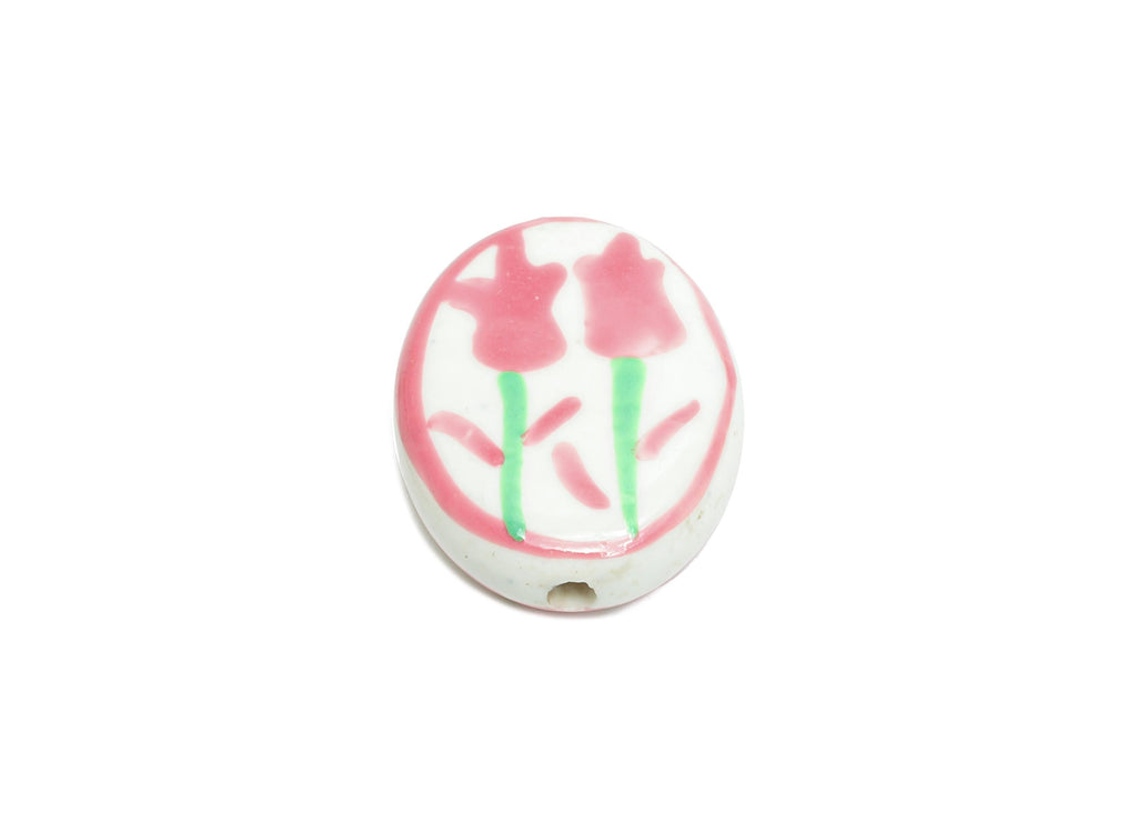 Glazed Ceramic Oval Tulip Bead - Pink Flower Nature Ceramic Beads - Handmade Beads Connectors - Jewelry DIY Bead - 19.52x16.05x5mm - NS2848C - DOMEDBAZAAR