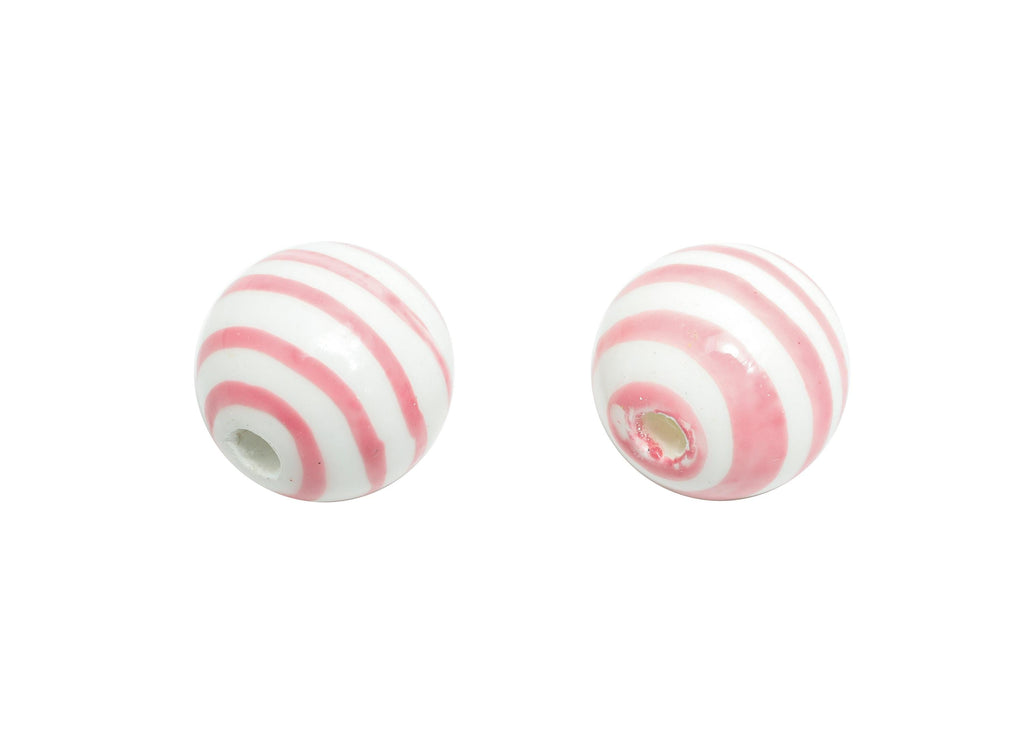 Pink Striped Ceramic Beads - Colorful Handmade Bead - Fun Beads for Creative Jewelry Projects - Bright Summer Bead - 11x12x12mm - NS2858A - DOMEDBAZAAR
