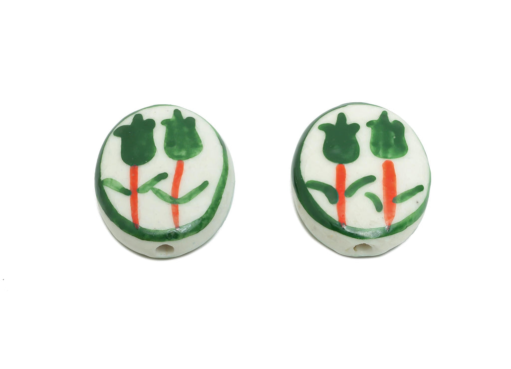 Glazed Ceramic Oval Tulip Bead - Green Flower Nature Ceramic Beads - Handmade Beads Connectors - Jewelry DIY Bead - 19.75x15.94x5mm -NS2848D - DOMEDBAZAAR