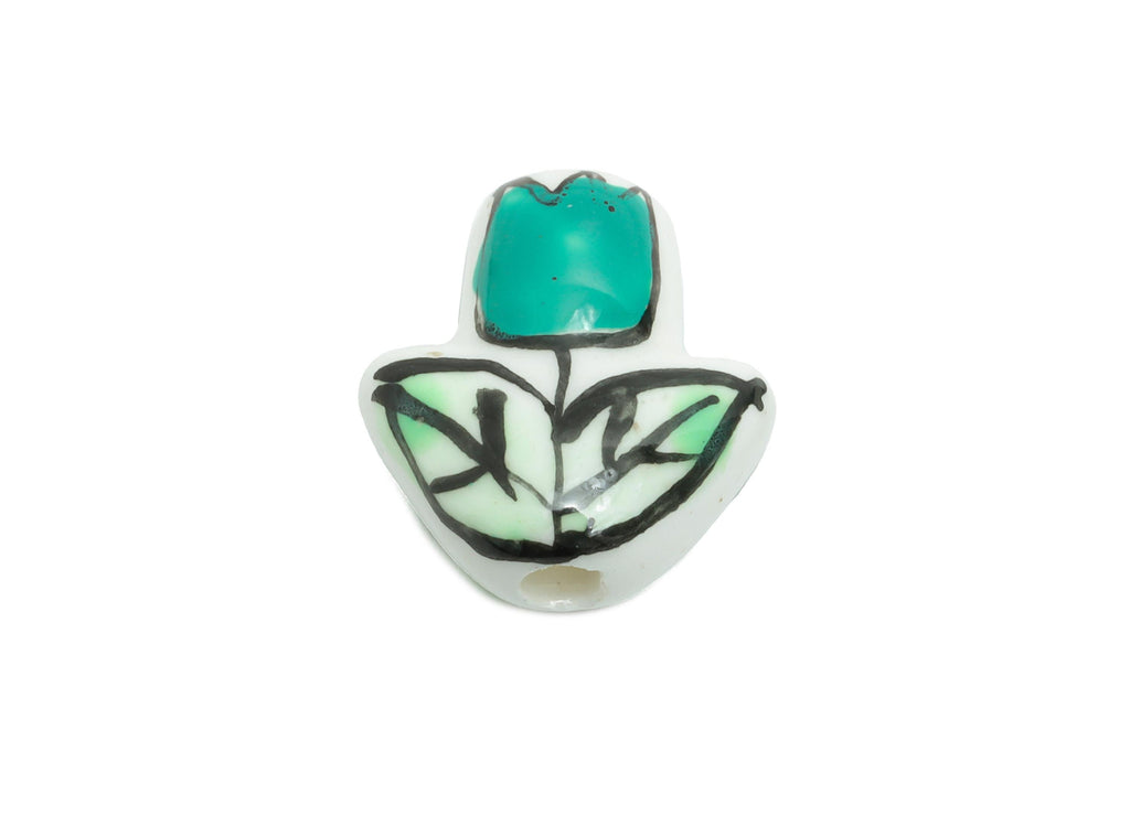 Ceramic Floral Beads - Craft Beads for Necklace or Bracelet - Green Tulip Handmade Beads - Textured Making Supplies - 16x14x6.94mm - NS2855D - DOMEDBAZAAR