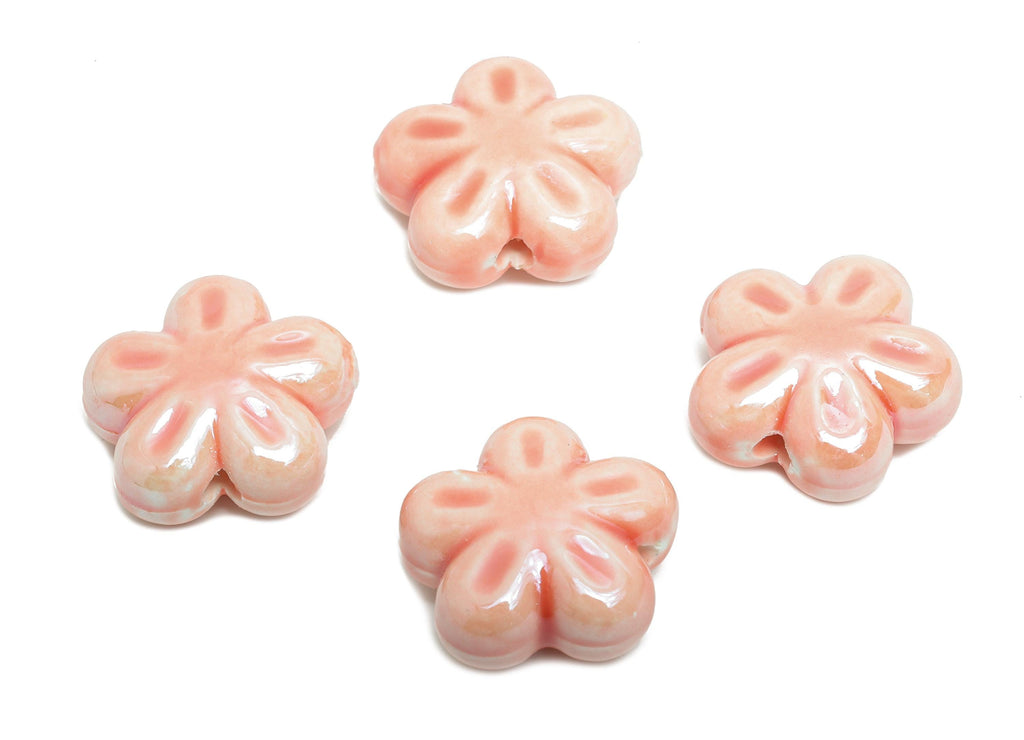 Glazed Ceramic Flower Beads - Craft Beads for Necklace or Bracelet - Pink Floral Beads - Handmade  Making Supplies - 17x17x8mm - NS2831 - DOMEDBAZAAR