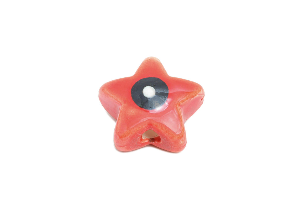Glazed Ceramic Star Beads - Red Artistic Star Beads with Eye - Handmade Bracelet Beads - Jewelry Component DIY - 21.67x22.02x9.4mm - NS2828 - DOMEDBAZAAR