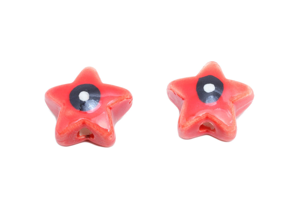 Glazed Ceramic Star Beads - Red Artistic Star Beads with Eye - Handmade Bracelet Beads - Jewelry Component DIY - 21.67x22.02x9.4mm - NS2828 - DOMEDBAZAAR