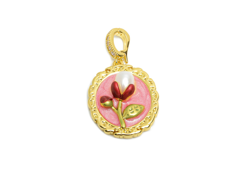 Floral Enamel Pendant- Brass Luxe Enamel Pendant With Pearl - Dainty Necklace Charm With Bail - 18K Real Gold Plated - 24x19x6mm - RGP10721 - DOMEDBAZAAR