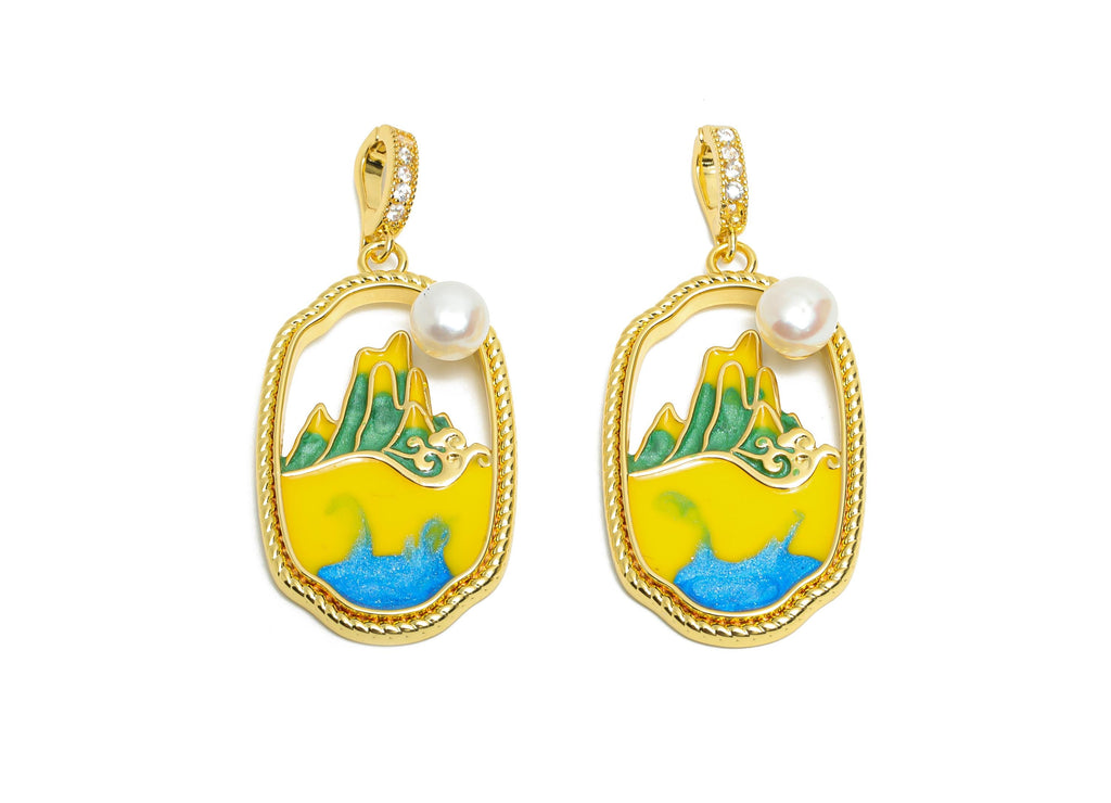 Mountain Ocean Pendant - Brass Luxe Enamel Pendant With Pearl - Artistic Scenic Charm With Bail - 18K Real Gold Plated - 34x19x7mm -RGP10722 - DOMEDBAZAAR