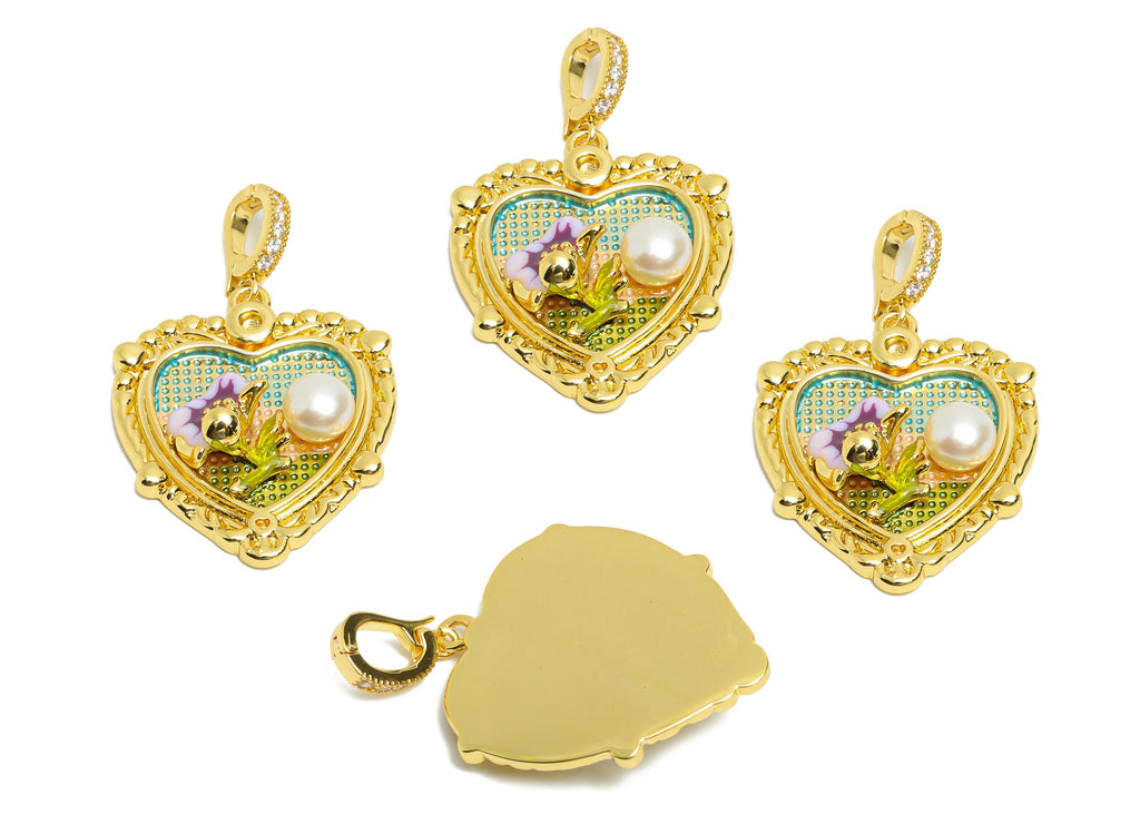 Romantic Heart Pendant - Brass Enamel Pendant With Pearl - Dainty Necklace Charm With Bail - 18K Real Gold Plated - 29x24x6mm - RGP10723 - DOMEDBAZAAR