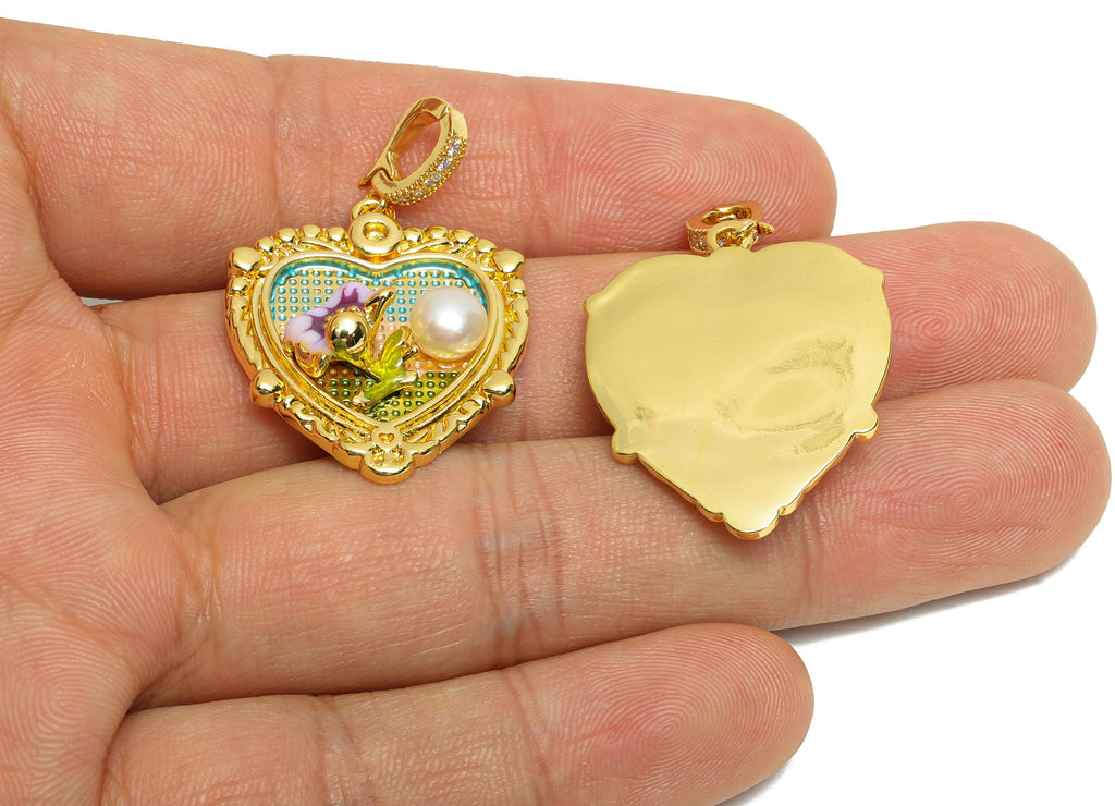 Romantic Heart Pendant - Brass Enamel Pendant With Pearl - Dainty Necklace Charm With Bail - 18K Real Gold Plated - 29x24x6mm - RGP10723 - DOMEDBAZAAR