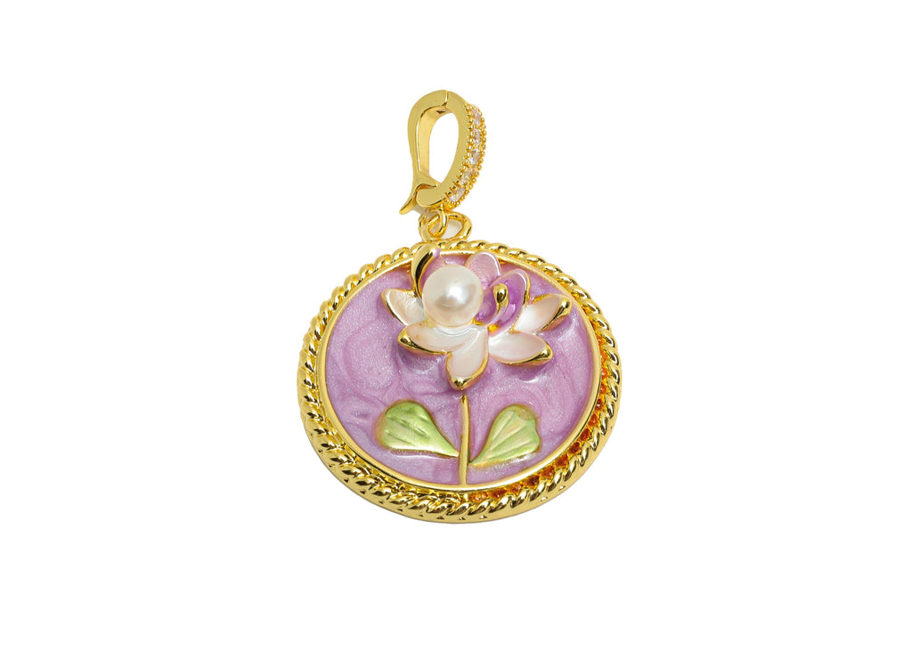 Floral Enamel Pendant- Brass Lotus Enamel Pendant With Pearl - Dainty Necklace Charm With Bail - 18K Real Gold Plated - 27x24x7mm - RGP10724 - DOMEDBAZAAR