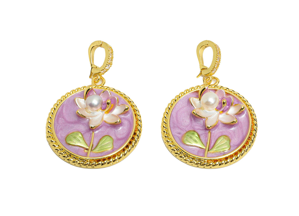 Floral Enamel Pendant- Brass Lotus Enamel Pendant With Pearl - Dainty Necklace Charm With Bail - 18K Real Gold Plated - 27x24x7mm - RGP10724 - DOMEDBAZAAR