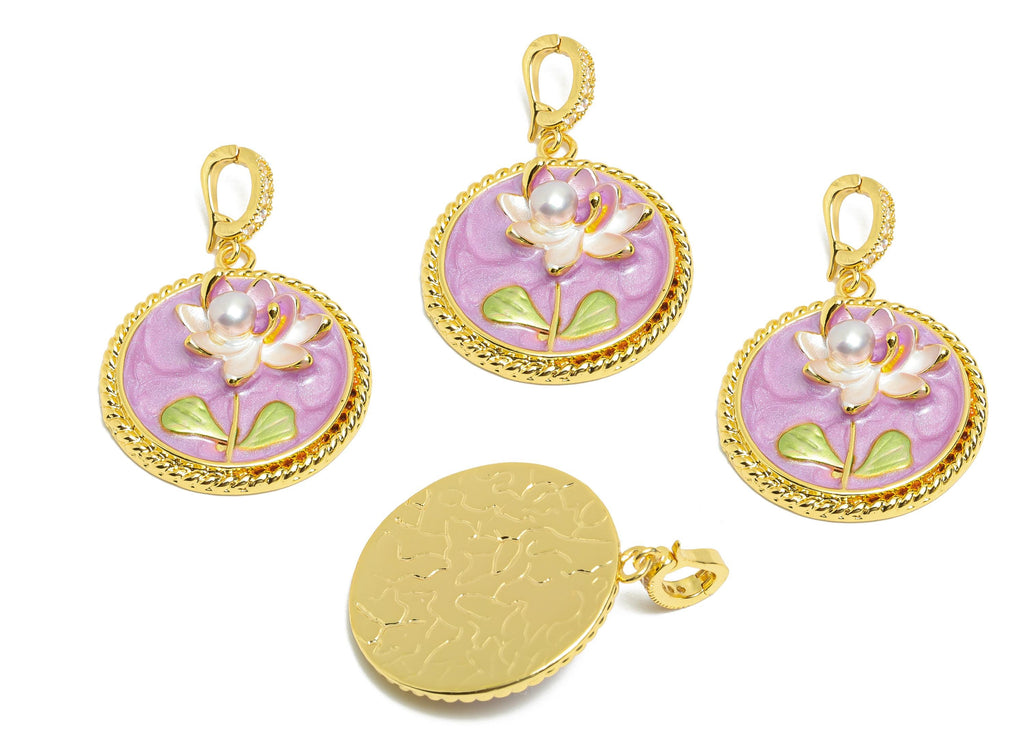 Floral Enamel Pendant- Brass Lotus Enamel Pendant With Pearl - Dainty Necklace Charm With Bail - 18K Real Gold Plated - 27x24x7mm - RGP10724 - DOMEDBAZAAR