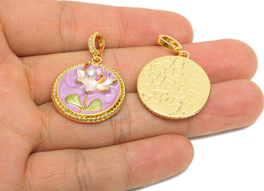 Floral Enamel Pendant- Brass Lotus Enamel Pendant With Pearl - Dainty Necklace Charm With Bail - 18K Real Gold Plated - 27x24x7mm - RGP10724 - DOMEDBAZAAR