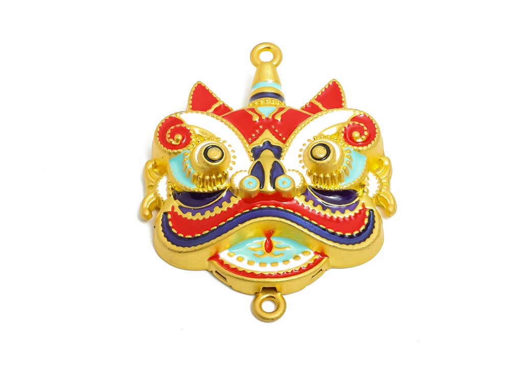 Alloy Lion Dance Pendant - Colorful Folk Enamel Pendant - Vibrant Asian Mask Jewelry - Eastern Charm - 18K Matt Gold - 49x40x11mm - ZZ2144 - DOMEDBAZAAR