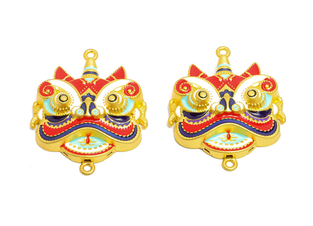 Alloy Lion Dance Pendant - Colorful Folk Enamel Pendant - Vibrant Asian Mask Jewelry - Eastern Charm - 18K Matt Gold - 49x40x11mm - ZZ2144 - DOMEDBAZAAR