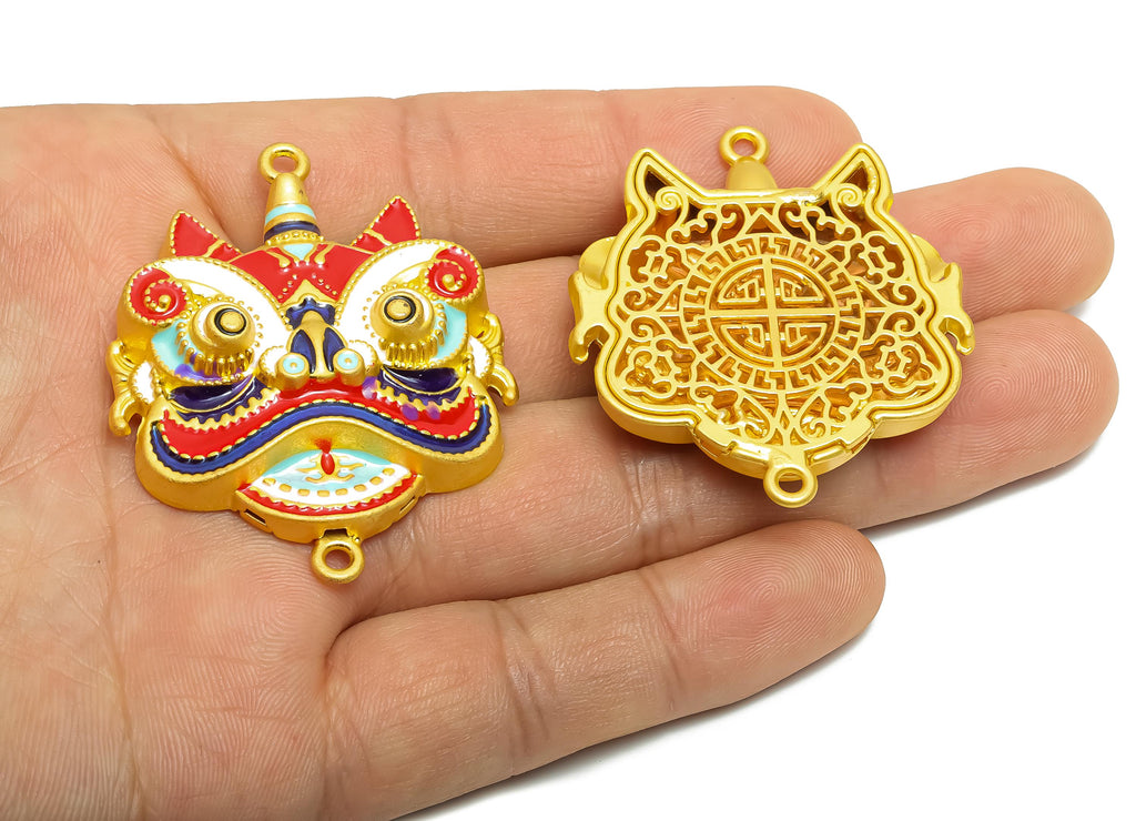 Alloy Lion Dance Pendant - Colorful Folk Enamel Pendant - Vibrant Asian Mask Jewelry - Eastern Charm - 18K Matt Gold - 49x40x11mm - ZZ2144 - DOMEDBAZAAR