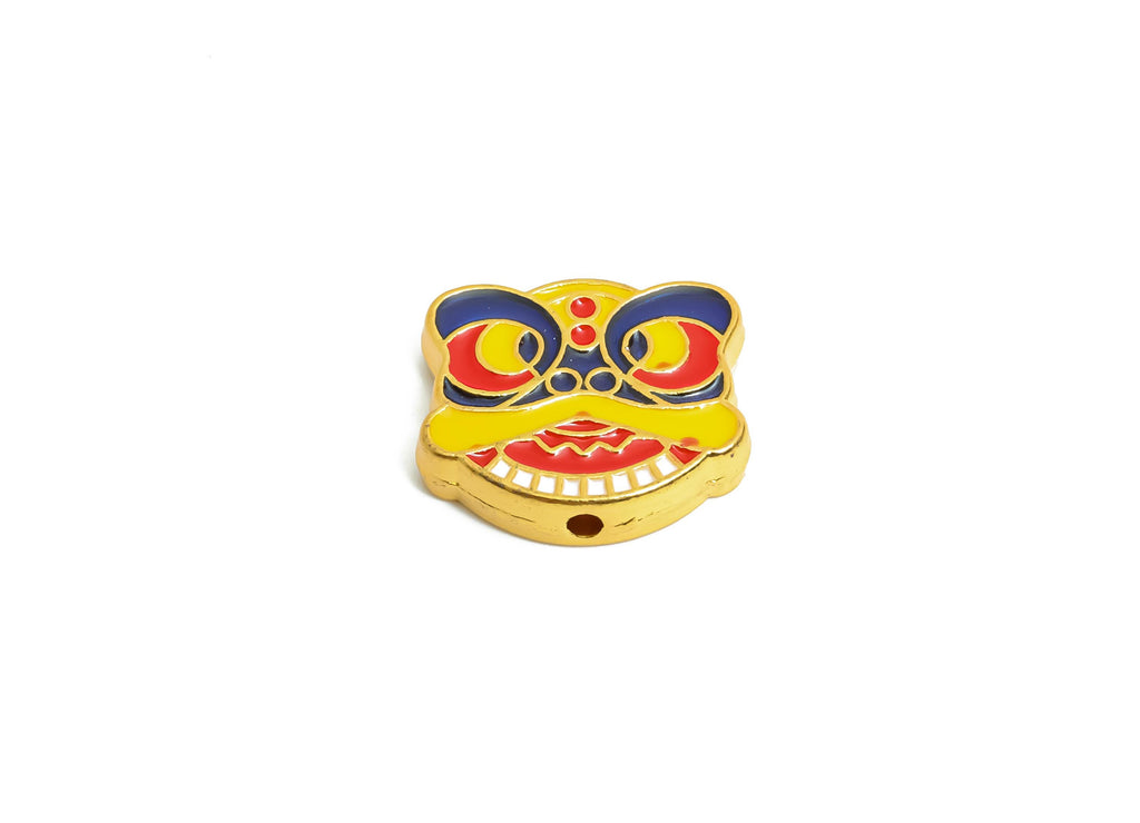 Alloy Lion Dance Bead -  Enamel Bead for Bracelets - Traditional Vibrant Bead Jewelry - Eastern Charm - 18K Matt Gold - 13x16x3mm - ZZ2149 - DOMEDBAZAAR