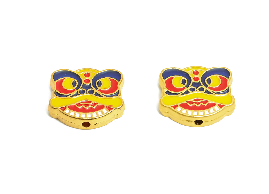 Alloy Lion Dance Bead -  Enamel Bead for Bracelets - Traditional Vibrant Bead Jewelry - Eastern Charm - 18K Matt Gold - 13x16x3mm - ZZ2149 - DOMEDBAZAAR