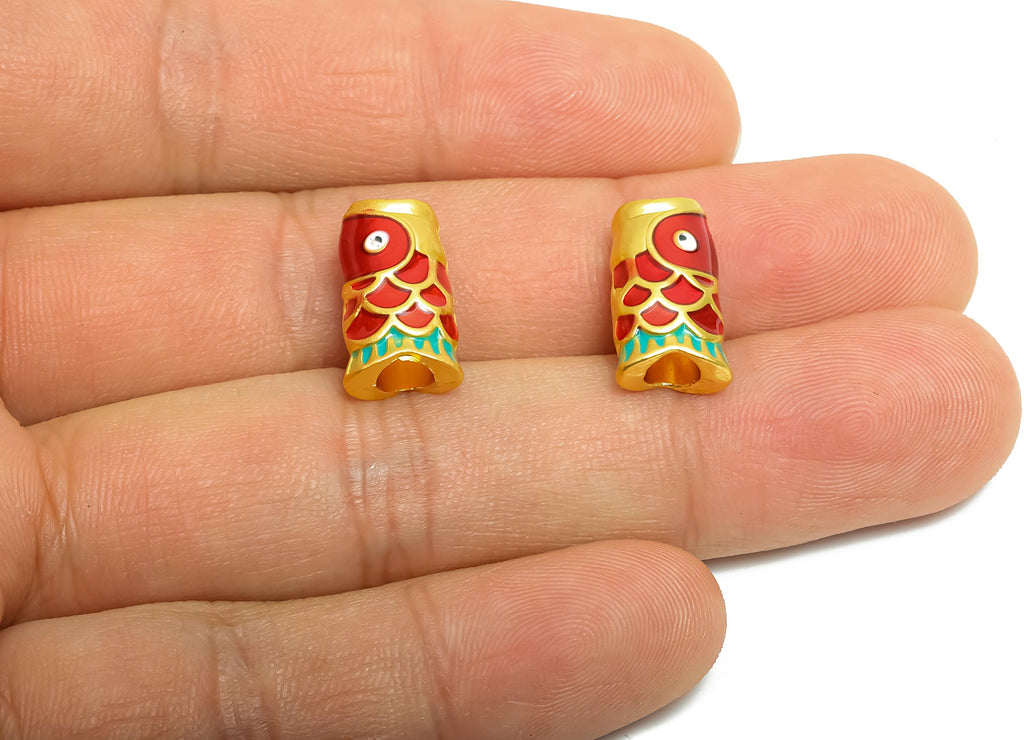 Alloy Fish Koi Bead - Enamel Fish Tube for Bracelets - Marine Artisan Fish Bead - Eastern Charm - 18K Matte Gold - 16.36x9.2x6.9mm - ZZ2142 - DOMEDBAZAAR