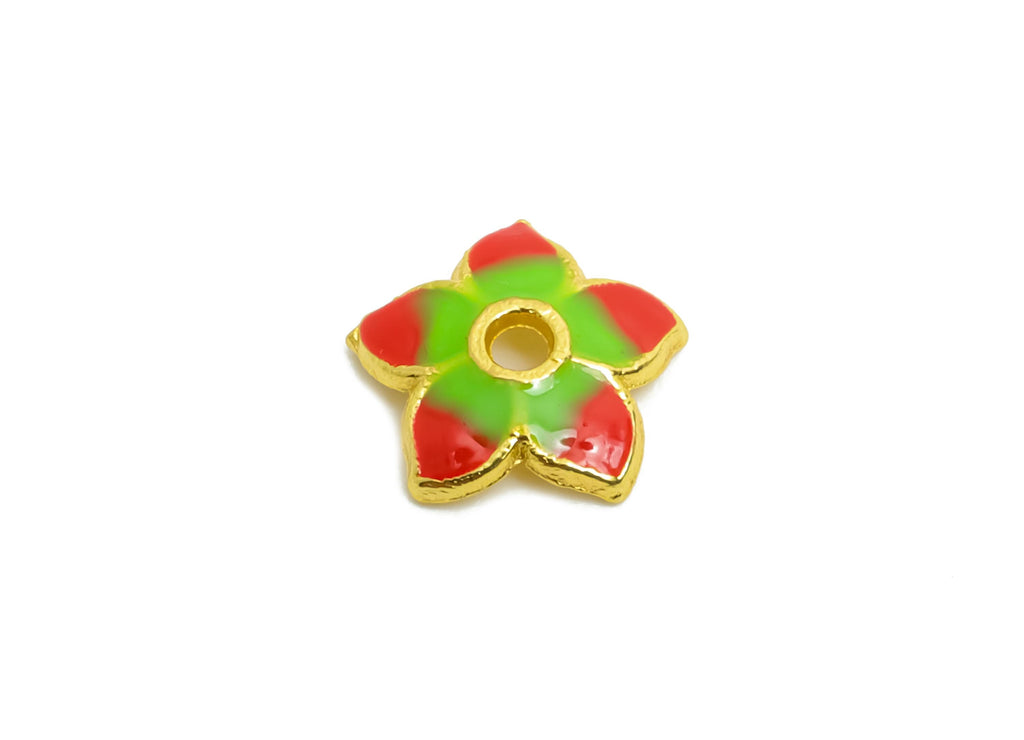 Alloy Red Floral Bead - Colorful Enamel for Bracelets - Bead Cap Jewelry - DIY Handcrafted Bead Base - 18K Matte Gold - 8x8x1.75mm - ZZ2145 - DOMEDBAZAAR