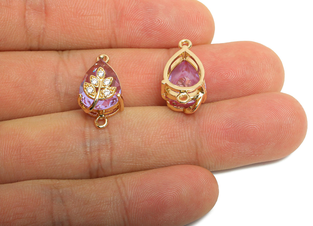 Teardrop Crystal Connector - Dainty Purple Glass with Leaf Design - Artisan Crystal Jewelry - KC Gold Plated - 20x11x10.57mm - GS1277 - DOMEDBAZAAR