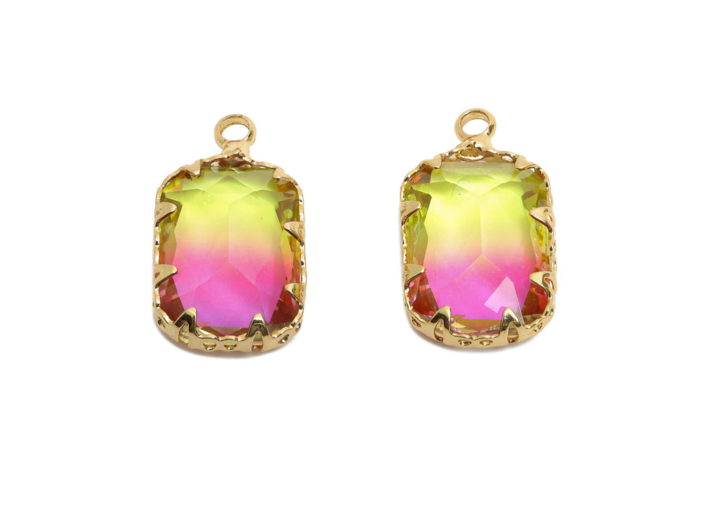 Faceted Rectangle Crystal Charms - Brass Rainbow Glass Pendant - Elegant Geometric Jewelry - KC Gold Tone Plated - 19x11x5.45mm - GS1235 - DOMEDBAZAAR