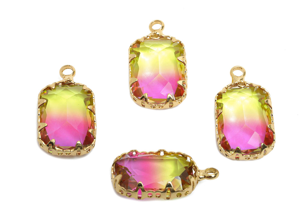 Faceted Rectangle Crystal Charms - Brass Rainbow Glass Pendant - Elegant Geometric Jewelry - KC Gold Tone Plated - 19x11x5.45mm - GS1235 - DOMEDBAZAAR