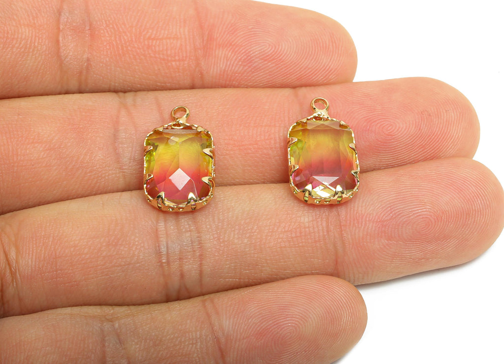 Faceted Rectangle Crystal Charms - Brass Rainbow Glass Pendant - Elegant Geometric Jewelry - KC Gold Tone Plated - 19x11x5.45mm - GS1235 - DOMEDBAZAAR