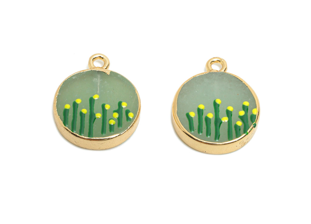 Green Aventurine Earring Charm - Brass Handmade Gold Floral Enamel Pendant - Botanical Theme - KC Gold Plating - 19x15x4.07mm - NS2883D - DOMEDBAZAAR
