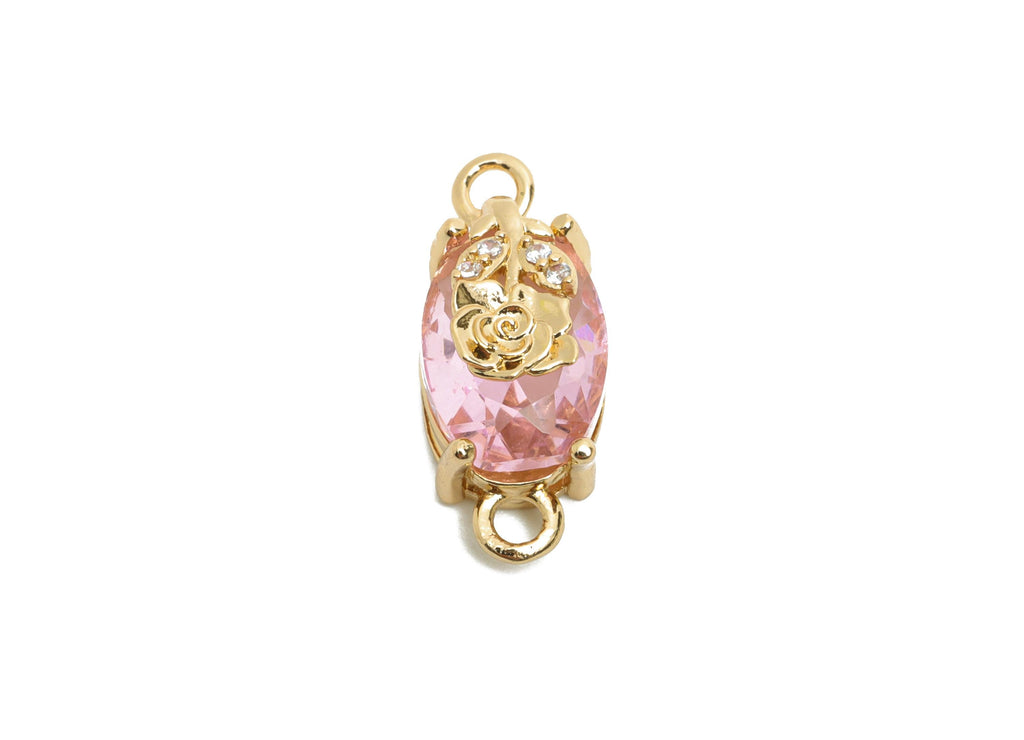 Pink Crystal Rose Connector - Faceted Oval Glass with Zircon Connector - Romantic Jewelry - KC Gold Tone Plated Brass - 19x8x6.52mm- GS1297 - DOMEDBAZAAR