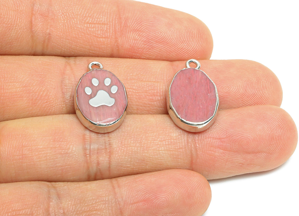 Wood Grain Stone Paw Pendant - Brass Cute Paw Print Charm For Handmade Necklace  - Pet Jewelry - KC White Gold Plating - 21x13x4mm - NS2872 - DOMEDBAZAAR
