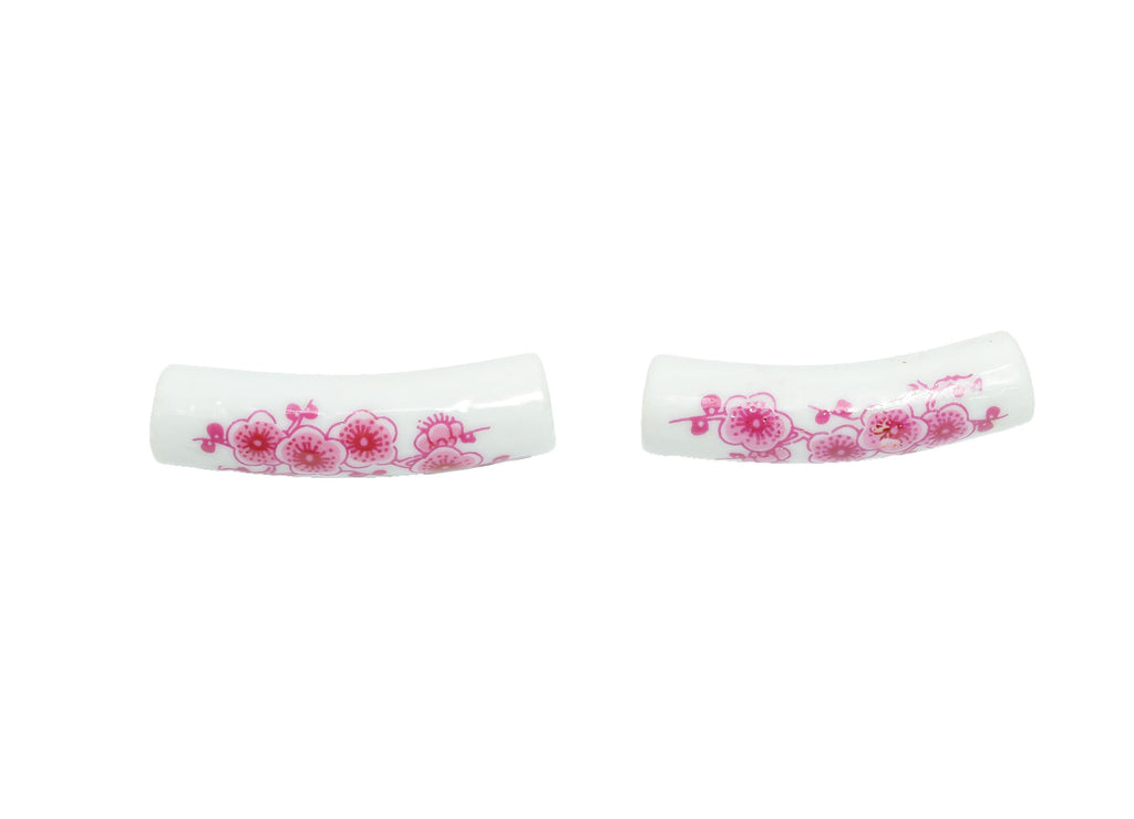 Glazed Ceramic Bracelet Bead - Floral Curved Spacer Tube Beads - Handmade Bead Connector - Jewelry Component - 39.22x11.24x10.1mm - GS1336 - DOMEDBAZAAR