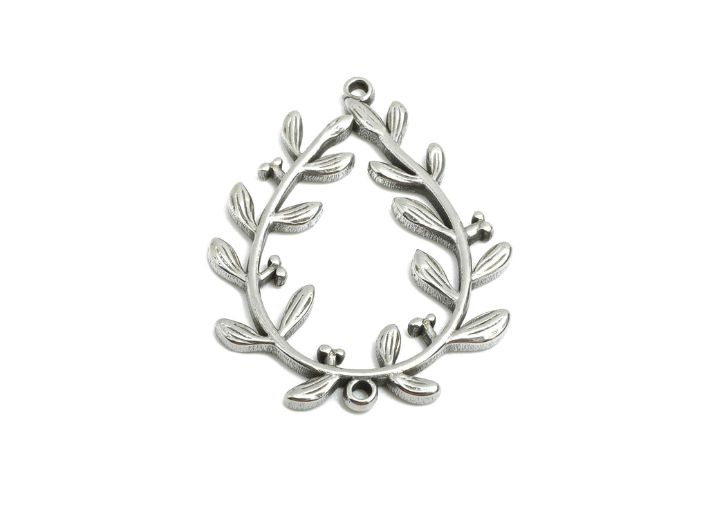 Steel Floral Teardrop Connector - Flower Leaf Drop Charm For Bracelet - Botanical Boho Charms - Stainless Steel Jewelry - 28x22x1mm - SS1732 - DOMEDBAZAAR