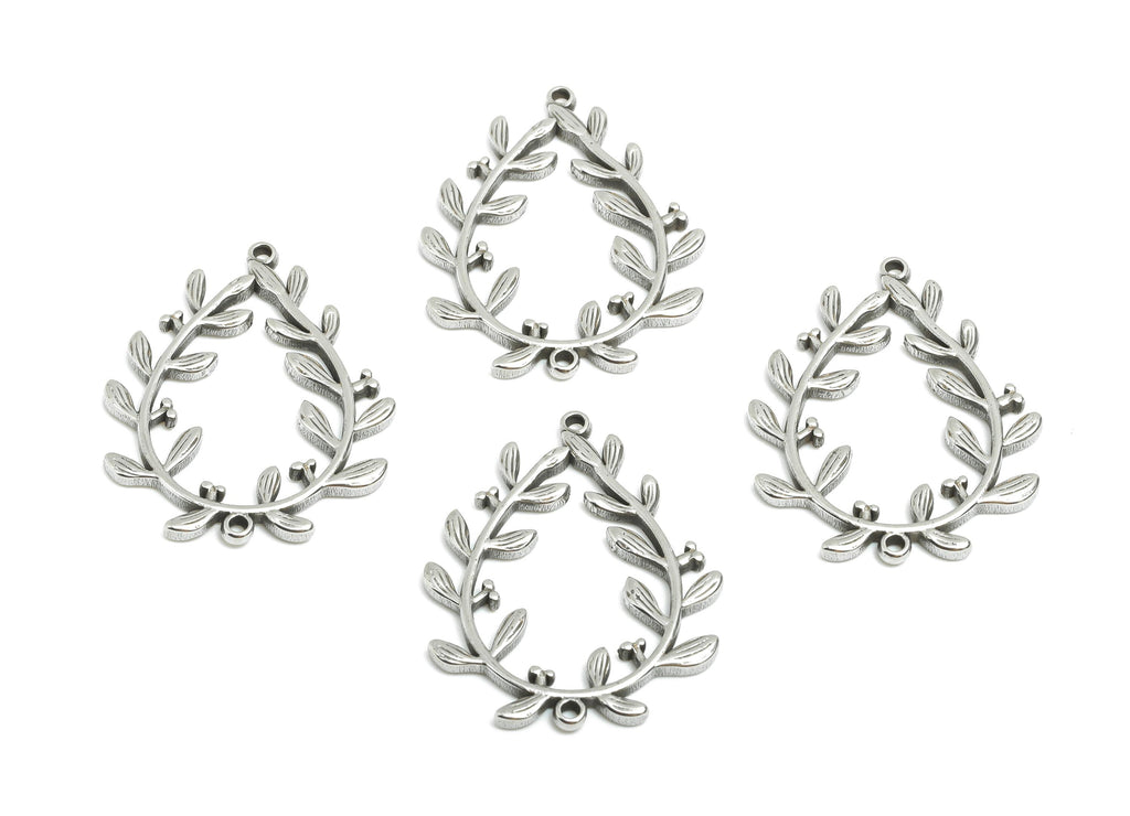 Steel Floral Teardrop Connector - Flower Leaf Drop Charm For Bracelet - Botanical Boho Charms - Stainless Steel Jewelry - 28x22x1mm - SS1732 - DOMEDBAZAAR