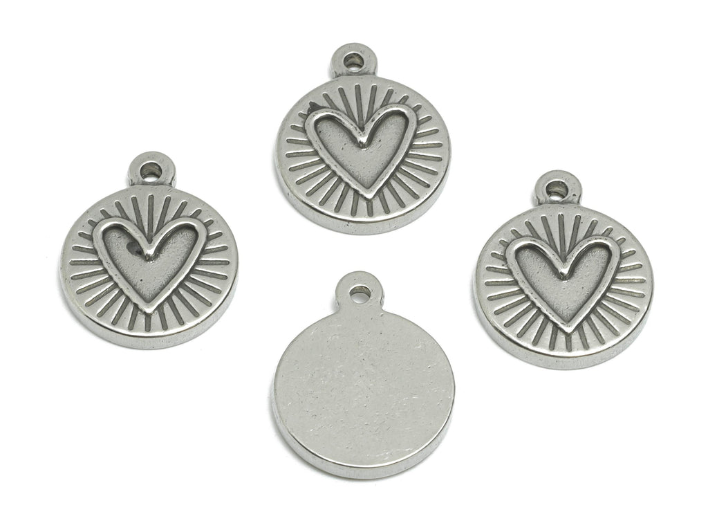 Stainless Steel Heart Charms - Textured Round Sunburst Charm - Coin Craft Supply For Gemstone - Stainless Steel Jewelry - 18x15x2mm - SS1963 - DOMEDBAZAAR