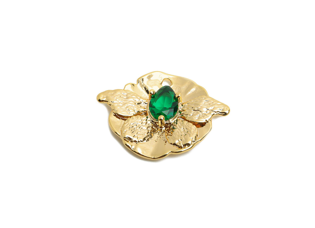 Brass Butterfly Charms - Gold Textured Insect Charms - Elegant Green Drop Crystal Charms - 18K Real Gold Plated - 23x17.38x3.7mm - RGP10506 - DOMEDBAZAAR