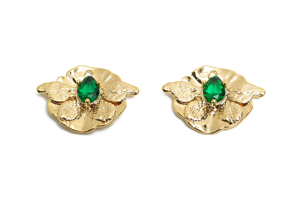 Brass Butterfly Charms - Gold Textured Insect Charms - Elegant Green Drop Crystal Charms - 18K Real Gold Plated - 23x17.38x3.7mm - RGP10506 - DOMEDBAZAAR