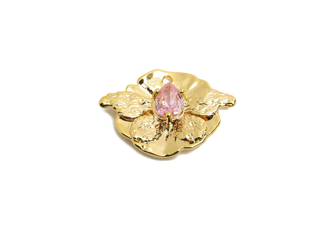 Brass Butterfly Charms - Gold Textured Insect Charms - Refined Pink Drop Crystal Charms - 18K Real Gold Plated - 23x17.38x3.7mm - RGP10505 - DOMEDBAZAAR