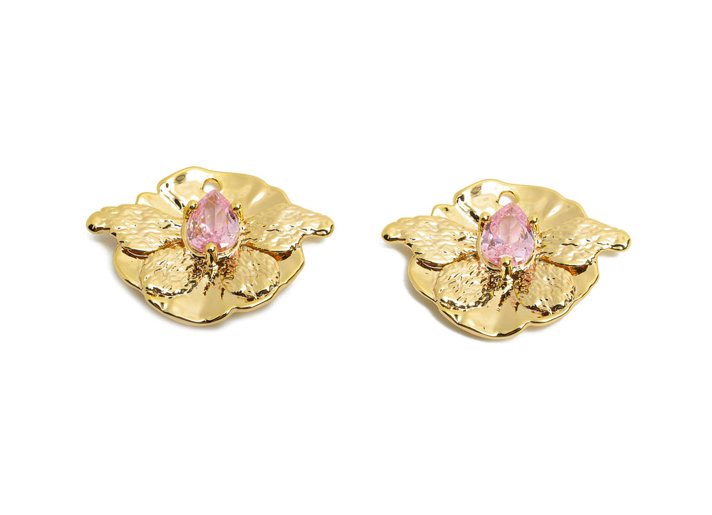 Brass Butterfly Charms - Gold Textured Insect Charms - Refined Pink Drop Crystal Charms - 18K Real Gold Plated - 23x17.38x3.7mm - RGP10505 - DOMEDBAZAAR