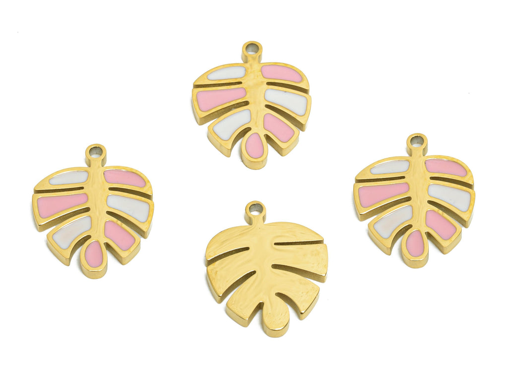 Stainless Steel Monstera Charms - Enamel Leaf Botanical Bracelet Charms - 316L Stainless Steel - Steel Finding - 14.58x11.57x1.4mm - SS1621 - DOMEDBAZAAR