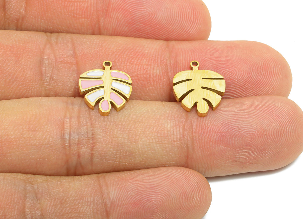 Stainless Steel Monstera Charms - Enamel Leaf Botanical Bracelet Charms - 316L Stainless Steel - Steel Finding - 14.58x11.57x1.4mm - SS1621 - DOMEDBAZAAR