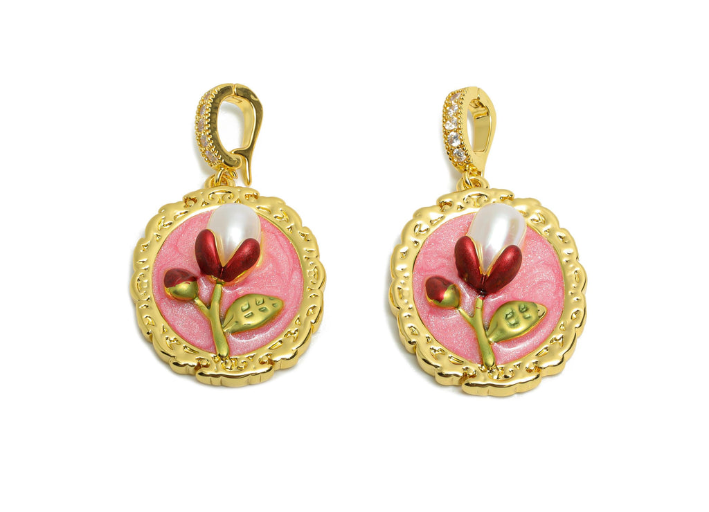 Floral Enamel Pendant- Brass Luxe Enamel Pendant With Pearl - Dainty Necklace Charm With Bail - 18K Real Gold Plated - 24x19x6mm - RGP10721 - DOMEDBAZAAR