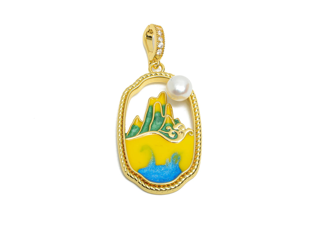 Mountain Ocean Pendant - Brass Luxe Enamel Pendant With Pearl - Artistic Scenic Charm With Bail - 18K Real Gold Plated - 34x19x7mm -RGP10722 - DOMEDBAZAAR